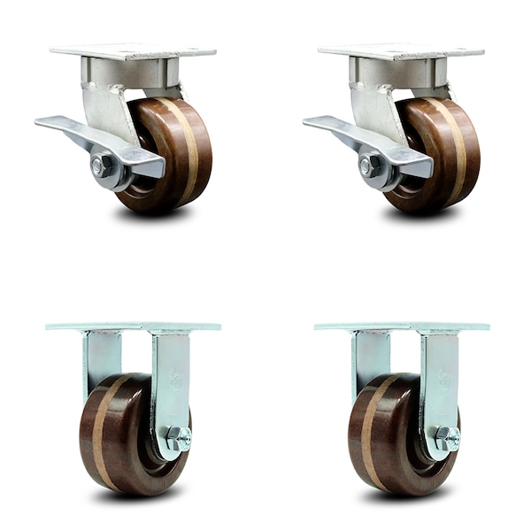 4 Inch Kingpinless High Temp Phenolic Wheel Caster Brakes 2 Rigid SCC, 2PK